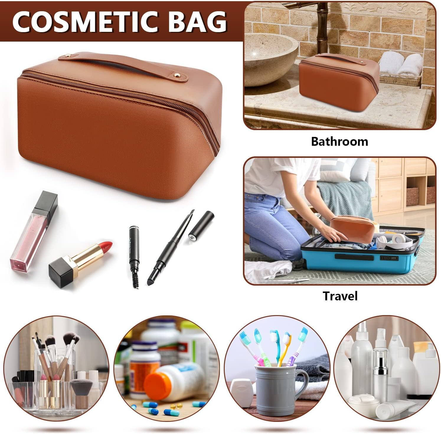 Cosmetic Bag, Large Capacity Travel Makeup Bag, PU Waterproof Storage Cosmetic Bag, Women Portable Travel Makeup Bag with Handle and Divider Flat Lay Makeup Organizer Bag (Brown) image number 6