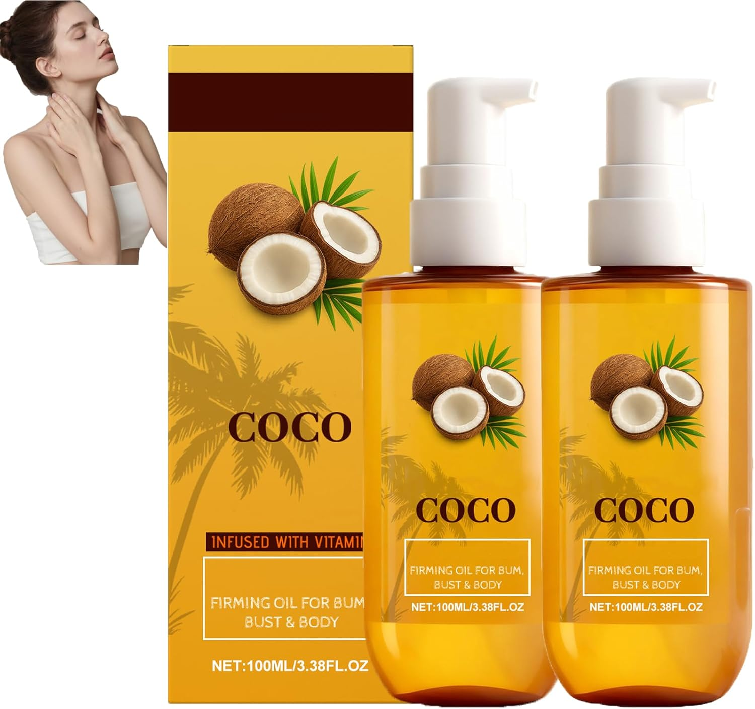 Coconut Firming Body Oil with Vitamin E, Hydrating Body Moisturiser, Deeply Nourishing for Dry Skin, Firming & Toning, Fast Absorbing Non-Greasy, Improves Skin Texture, Even Tone (2Pcs)