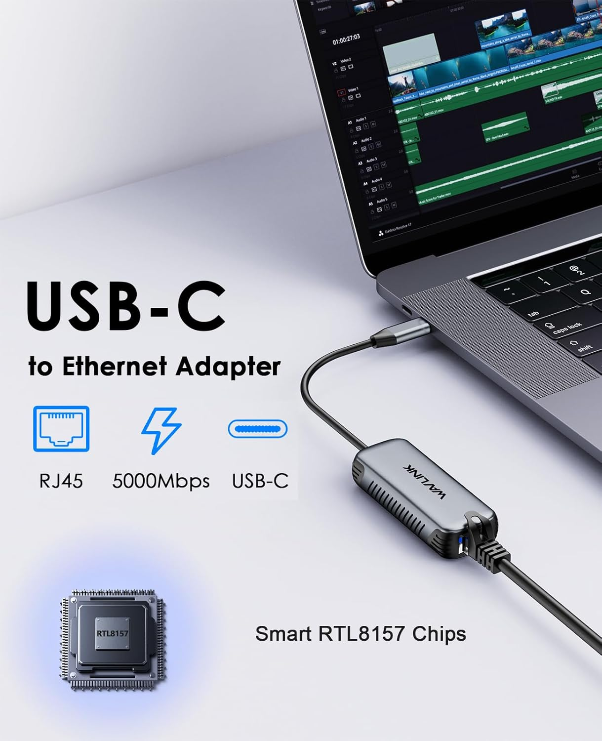 WAVLINK 5Gbps USB C to Ethernet Adapter, 5000Mbps USB-C to RJ45 Network Converter, Aluminum Case for Windows, Mac OS, Ipad OS and More, RTL8157 Chipset, (5Gbps Need Type-C > 3.2)