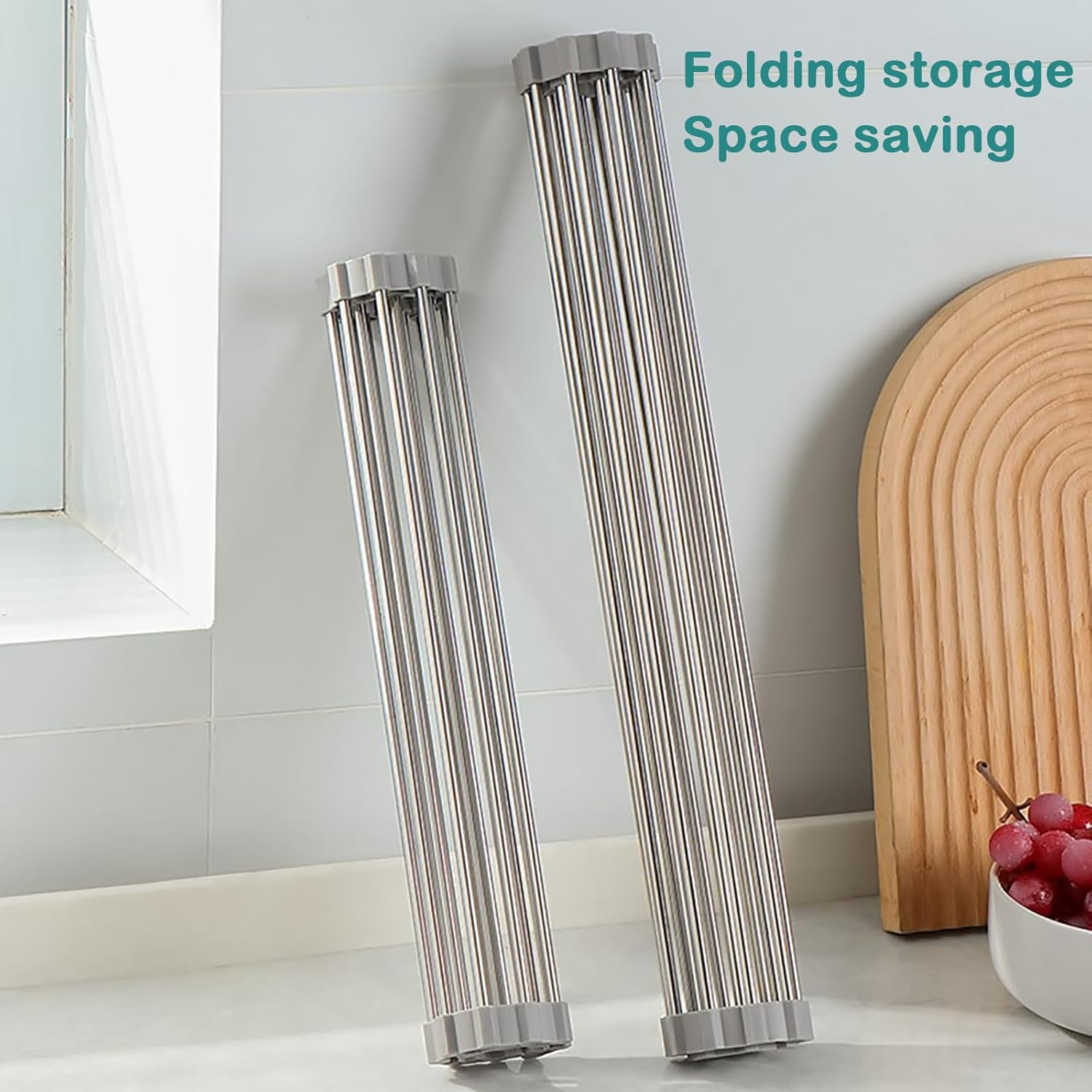 Roll up Dish Drying Rack, Foldable Stainless Steel over Sink Drainer Mat, 43Cm(L) X 35Cm (W), Space-Saving Kitchen Counter Dish Drainers for Dishes, Fruits, Vegetables (Grey) image number 2