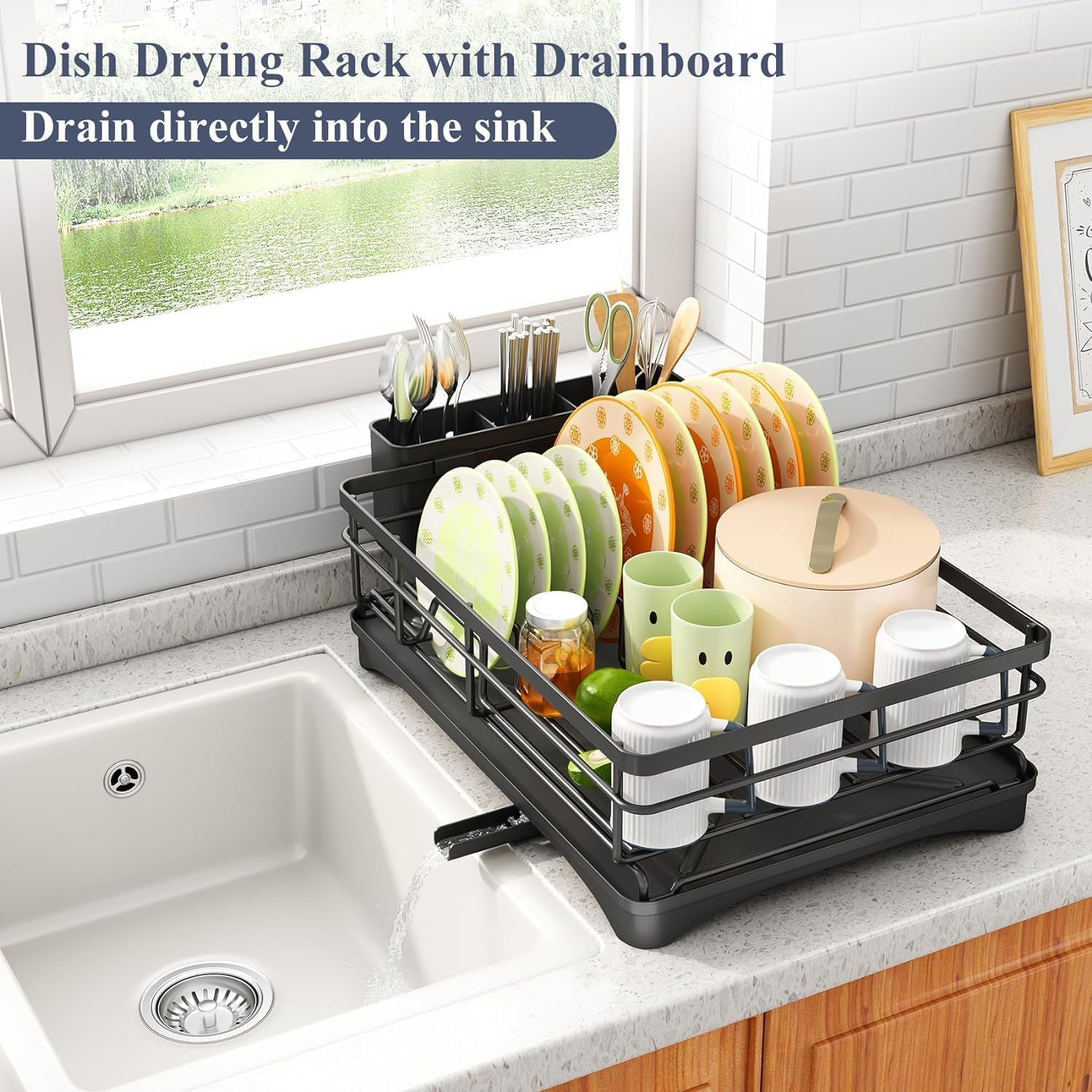Dish Drying Rack, Stainless Steel Dish Rack for Kitchen Counter, Large Capacity Dish Drainer with Cutlery Holder, Kitchen Organizer for Dishes, Spoons and Forks, Black (Black) image number 1