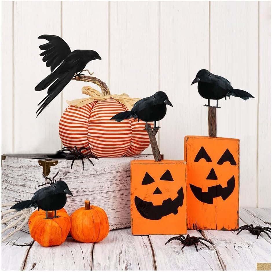 4 Pcs Halloween Crows Realistic Feather Crows Artificial Ravens Spooky Black Feather Crow Bird for Indoor Outdor Party Prop Decorations (Black) image number 2