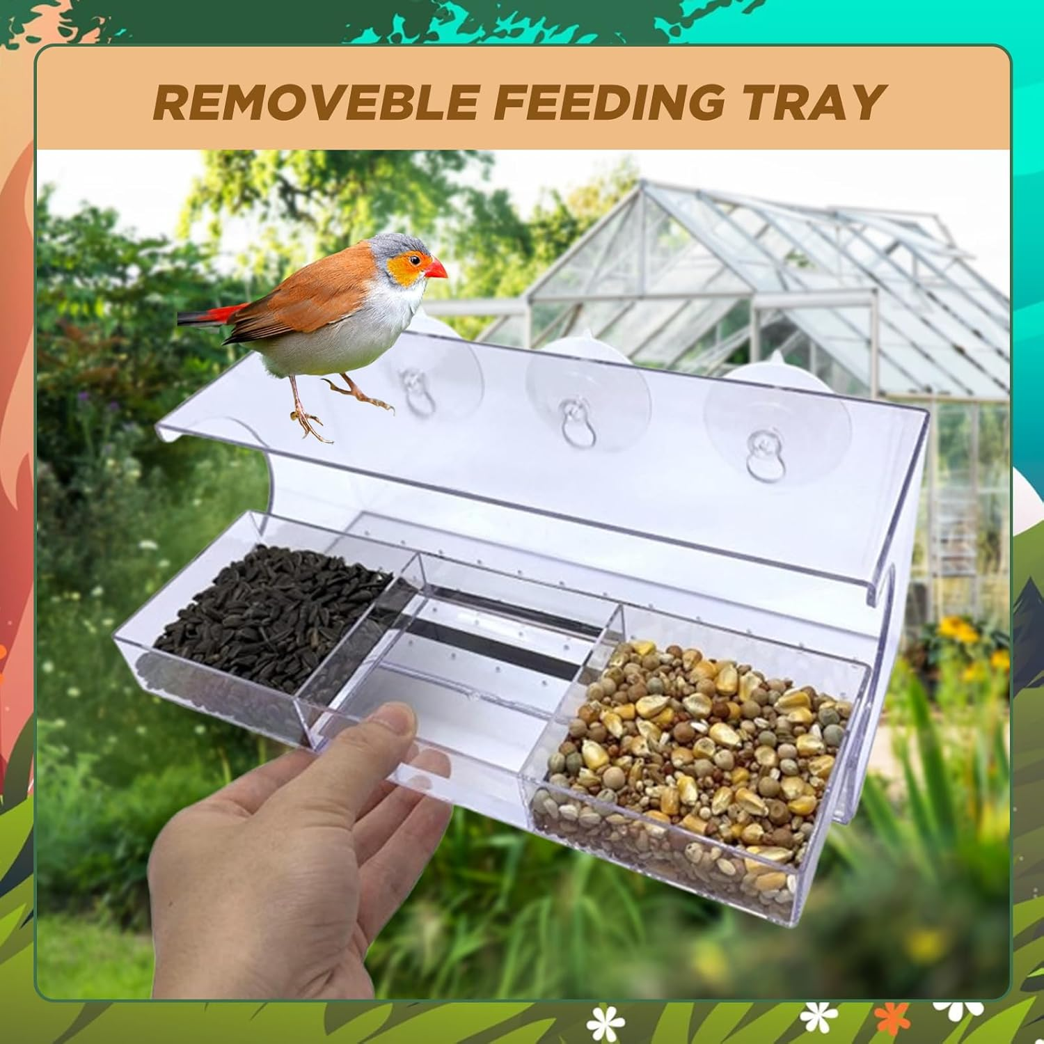 SUSOO Window Bird Feeder for Outdoors with Interactive Swing Perch Toy, Acrylic Clear Feeder with 3 Large Capacity Detachable Seed & Water Tray and Suction Cups,For Watching Wild Birds in Garden &Yard image number 2