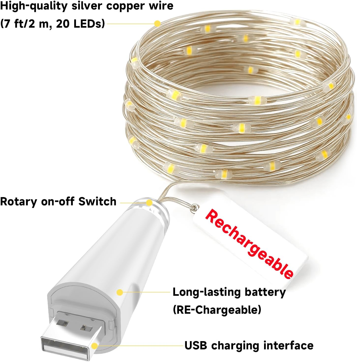 OUSMIN 20 LED Rechargeable Fairy Lights Battery Operated Mason Jar Wedding Table Decoration Christmas image number 7