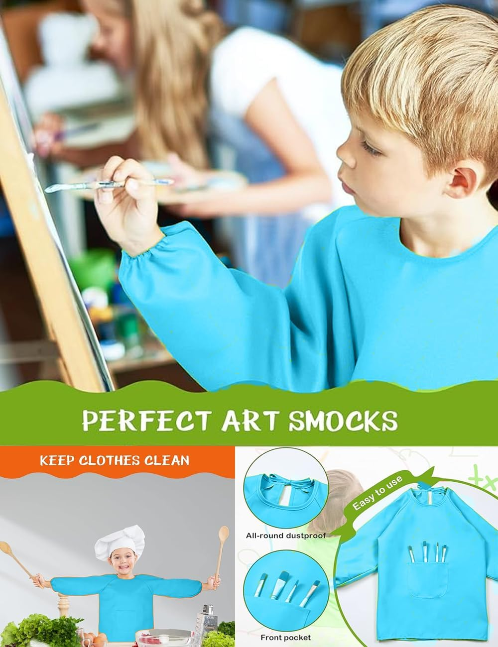Waterproof Art Smock Long Sleeve with Pocket - Artist Painting Apron for Ages 8-14, Durable Kitchen Cooking Apron for Children, Full Coverage Protective Wear image number 2