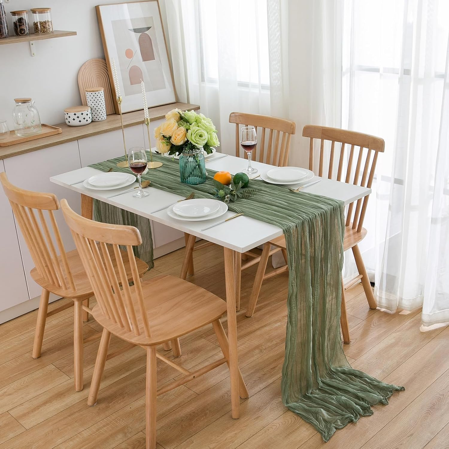 CHUQING Cheesecloth Table Runner Sage Green 27 X 118 Inch Cheese Cloth Boho Rustic Gauze Table Runner for Wedding Spring Easter image number 6