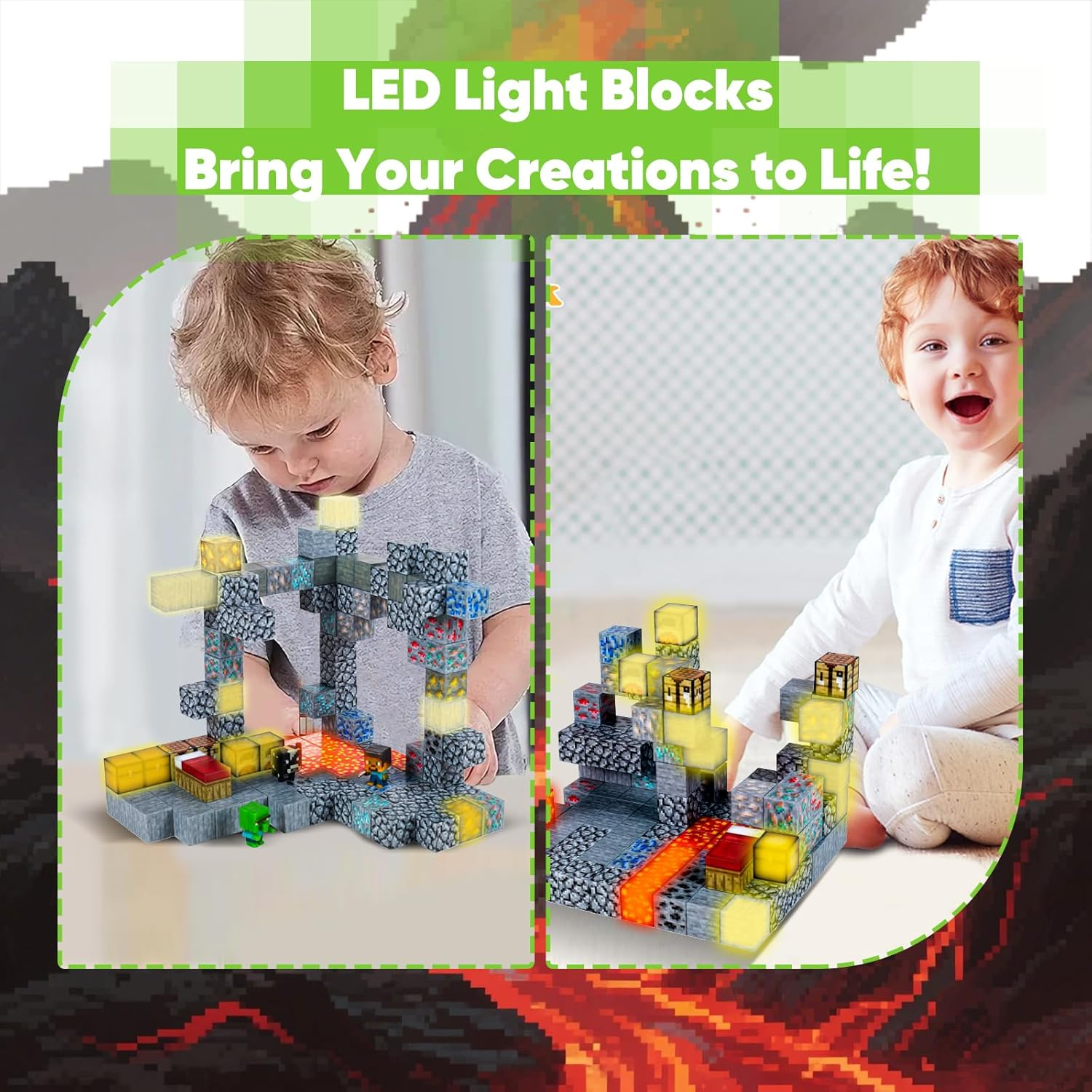 Ejo World 128-Piece LED Magnetic Building Blocks &ndash; Lava & Volcano Adventure Set with 18 Light-Up Pieces, Sensory STEM Learning Magnet Toys for Boys & Girls Ages 3+, Creative Construction Kit image number 1