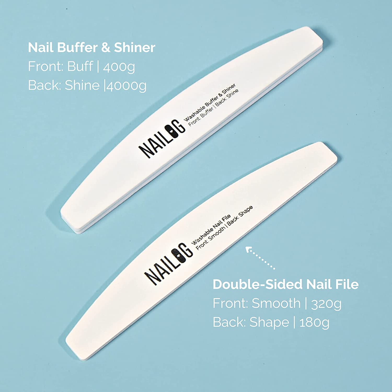 Nailog Nail File & Buffer Kit (6 Pieces) | Premium Quality & Washable | 3 Double-Sided Nail Filer (180/320) for Natural Nails and Acrylic Nails & 3 Nail Buffer & Shiner (400/4000)&hellip; image number 1