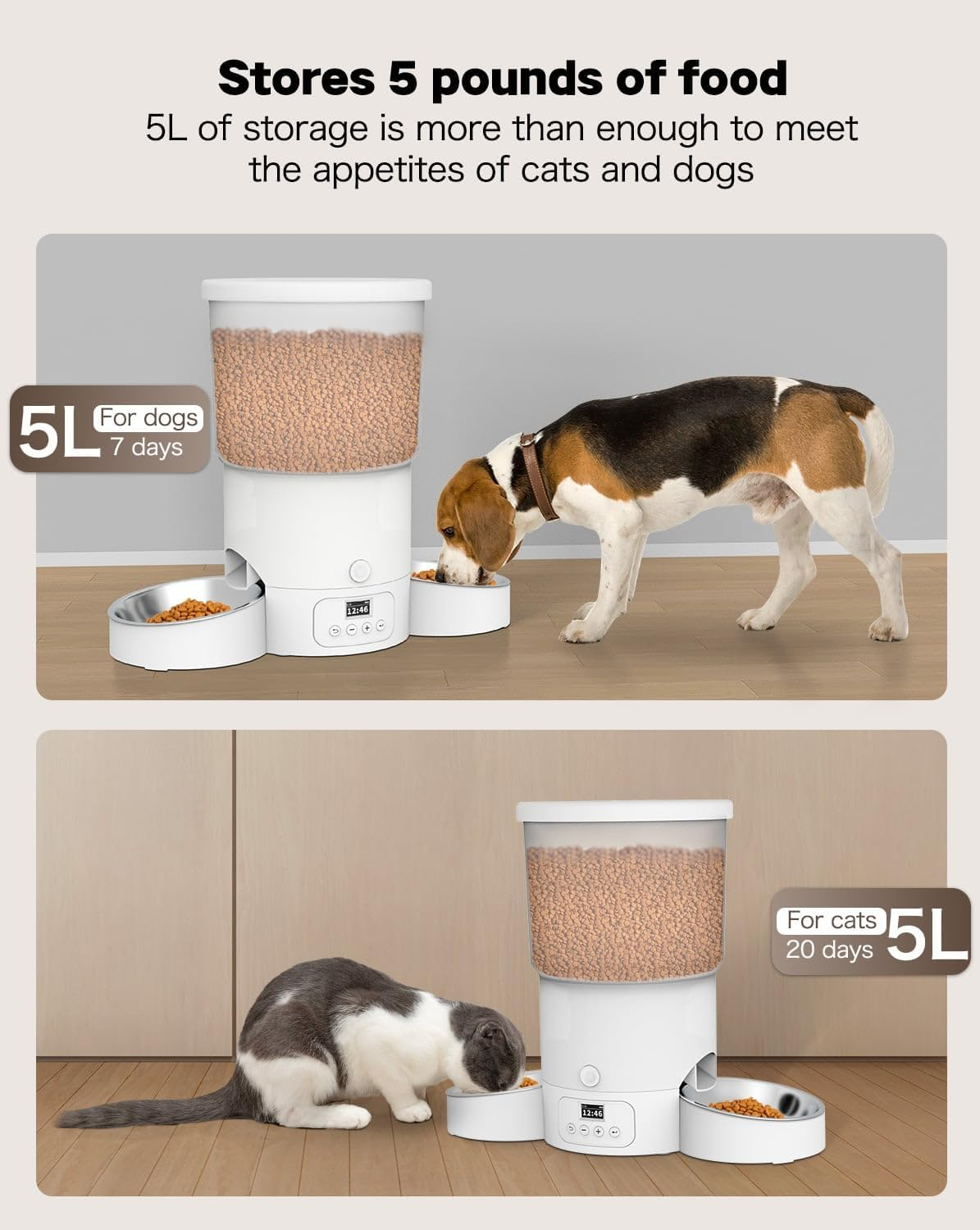 SURDY Automatic Cat Feeder for 2 Cats, 20 Cups/5L Automatic Cat Food Dispenser for Small Pets Auto Cat Feeder for Dry Food, Dual Power Supply and Timer Setting 12 Portions 6 Meals per Day image number 3