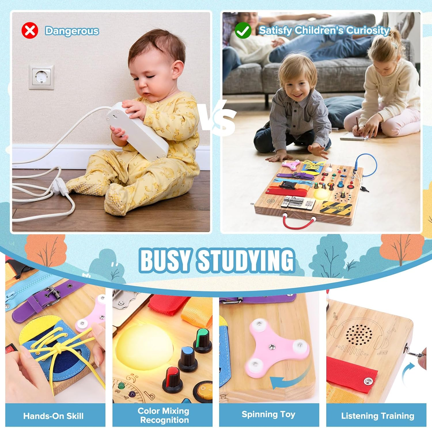 3 in 1 Busy Board Montessori Toys for 1-3 Year Old Wooden Learning Educational for Toddlers with 15 Switches, 26 LED Lights, Music Boxes, Locks,Zippers Toddler Sensory Toys for Soothing a Baby image number 2