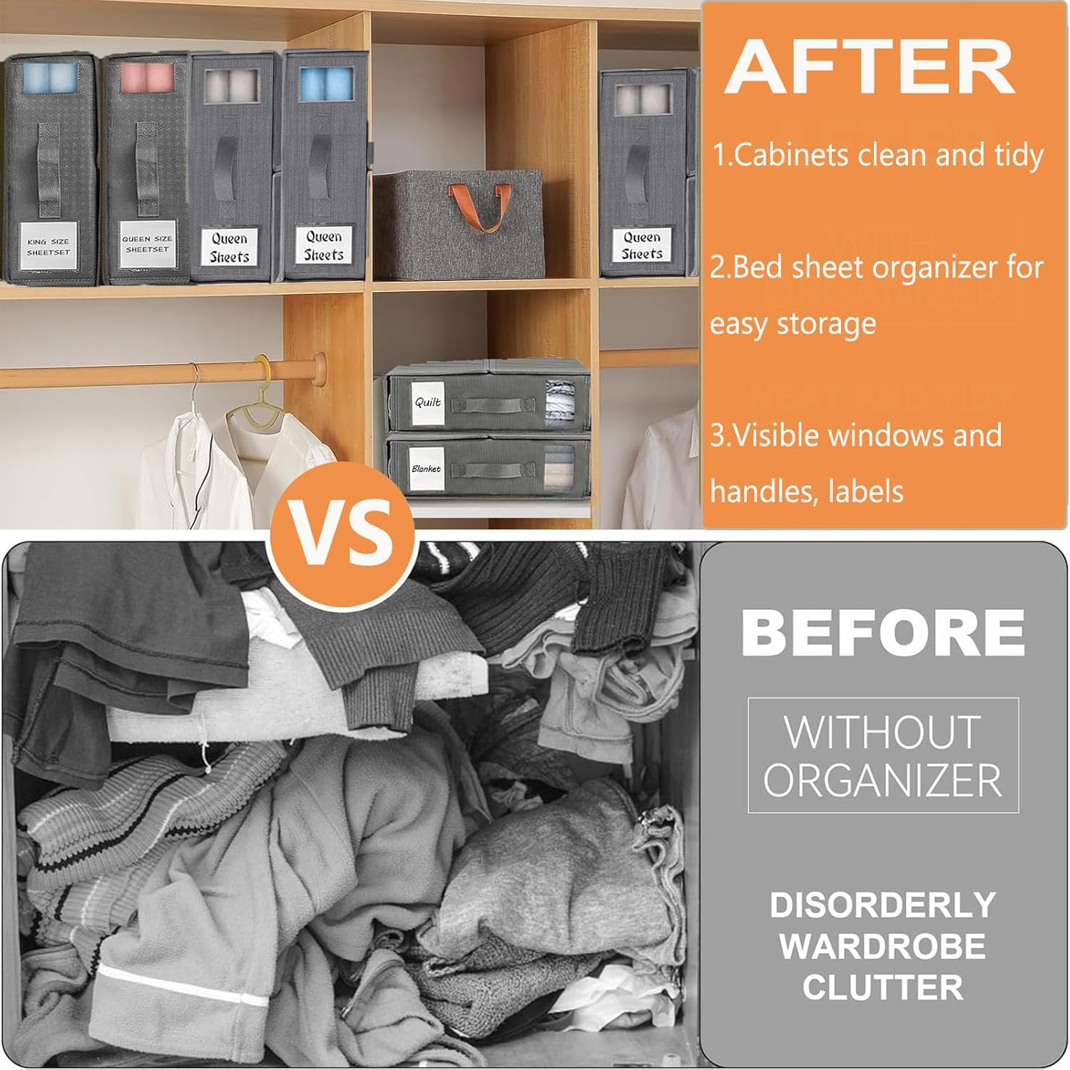 Bed Sheet Organizer,2Pack Foldable Linen Bedding Sheet Storage Box with Window and Label,Closet Organizer Organizing Bedding Container Box for Linen Closet,Bed Sheets,Duvet Covers,Blankets,Pillowcases image number 4