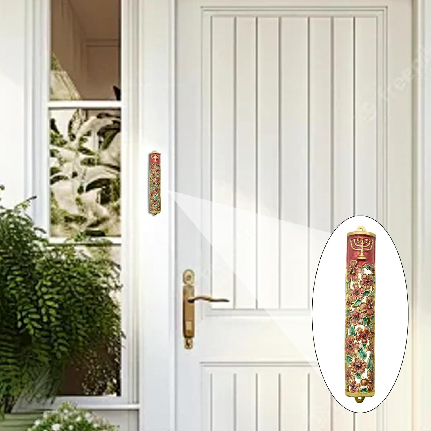 Mrmrkura Mezuzah with Scroll for Door, Enamel&Zinc Alloy Blessing Mezuzah Case, Colored Painted Mezuzha Scroll Kosher for Jewish Gifts/Jewish Decor, Christmas (Red and Gold) - Bright Green image number 2