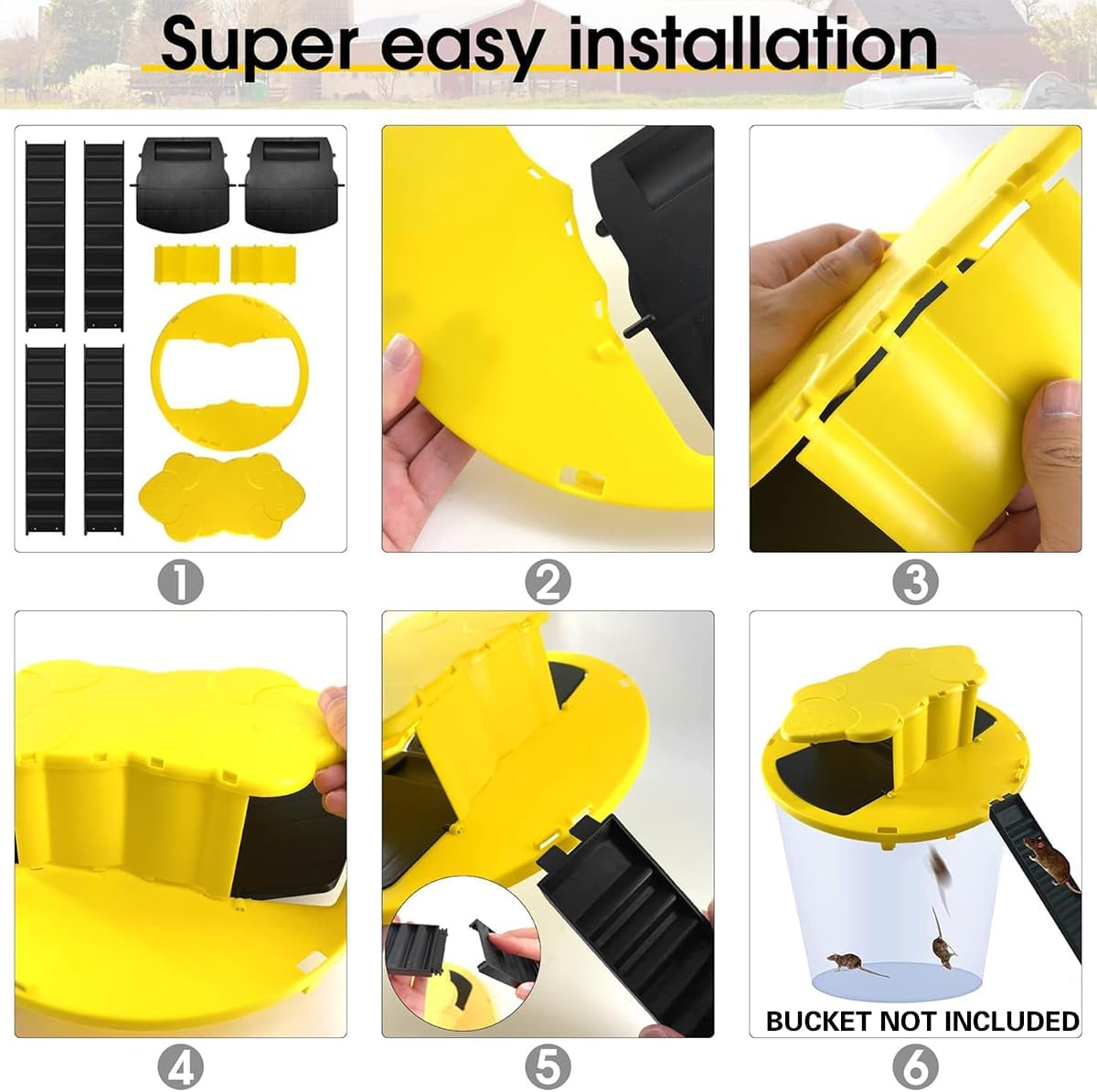 AIMALL Auto-Reset Flip Lid Rat Trap for 5-Gallon Bucket, Humane Reusable Mouse Catcher with Entry Ramps, Indoor Outdoor Rodent Control Tool, 12.2"X3.5" - Rat Head-Yellow image number 4