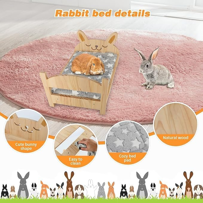 Large Wooden Rabbit Bed with Soft Mat, 2 in 1 Folding Pet Bed for Rabbit Guinea Pig Hamster Ferret Chinchilla Kitten Puppy Sleeping, Detachable Small Animal Bed image number 1