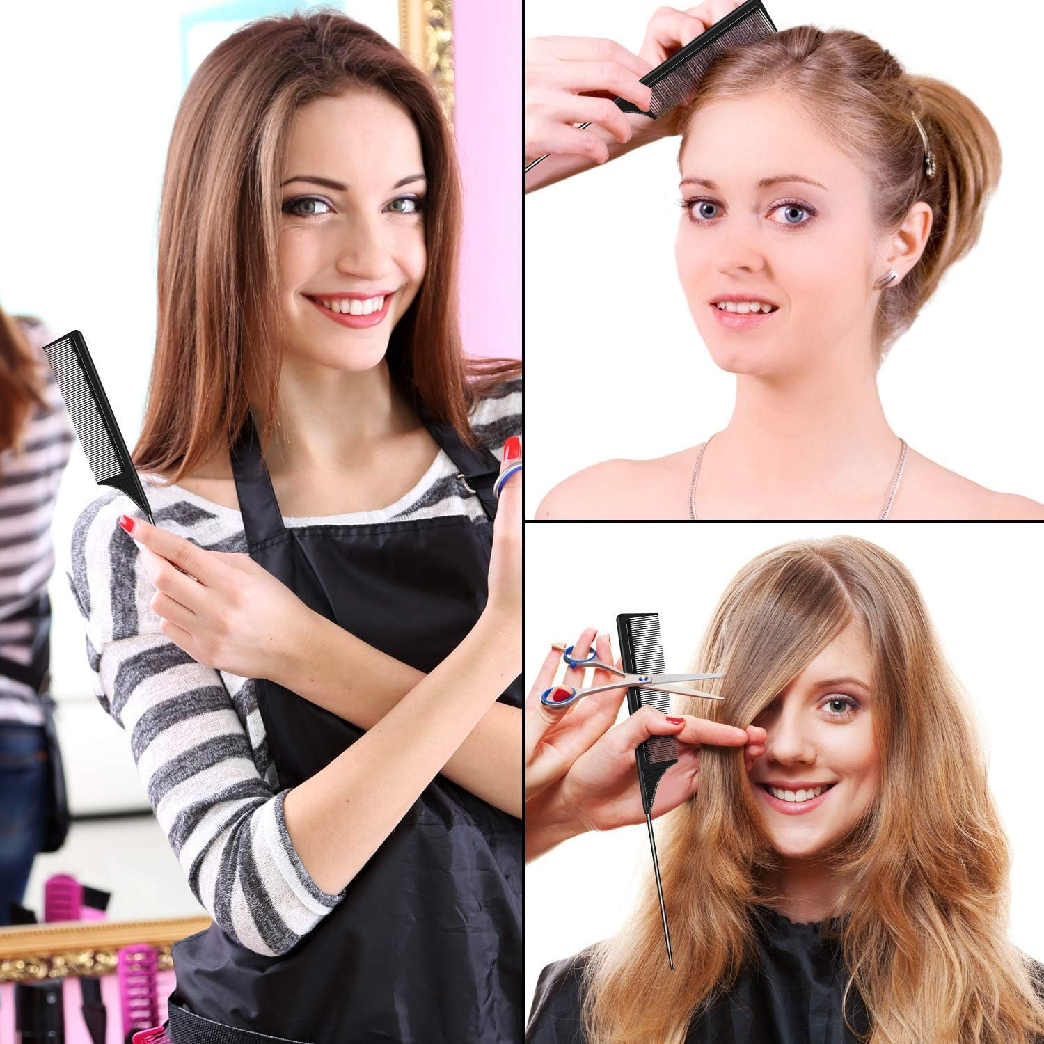 2 Pack Rat Tail Comb, Stainless Steel Pintail and Heat Resistant Carbon Fiber Teasing Parting Hair Comb for Women Girls image number 5