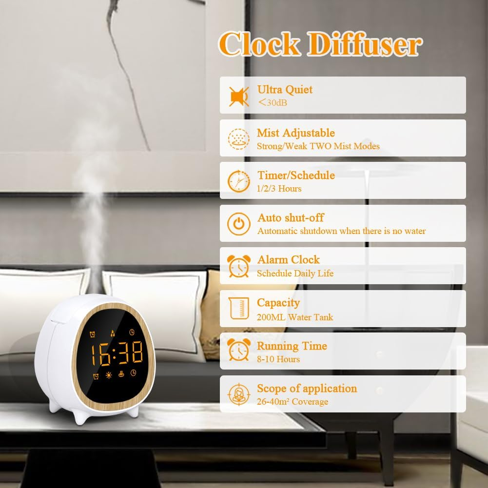 SOICARE Clock Essential Oil Diffuser,Screen Touch Control Aromatherapy Air Scent Diffusers for Home Bedroom Student,Multi-Function Alarm Clock/Light/Mist/Timer 200ML image number 3