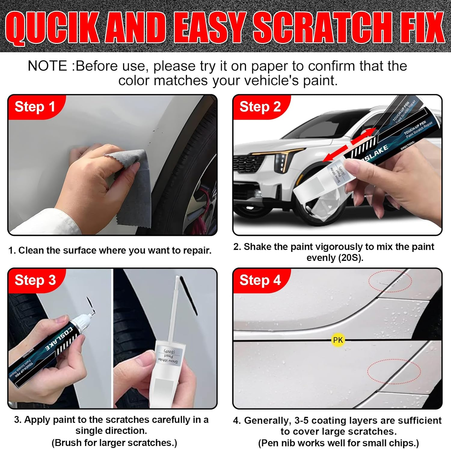Car Touch up Paint(Snow White Pearl(Swp)) for Kia, Car Paint Scratch Repair Kit, Quick & Easy Solution to Repair, 2 in 1 Scratch Remover Pen with Color-Matched