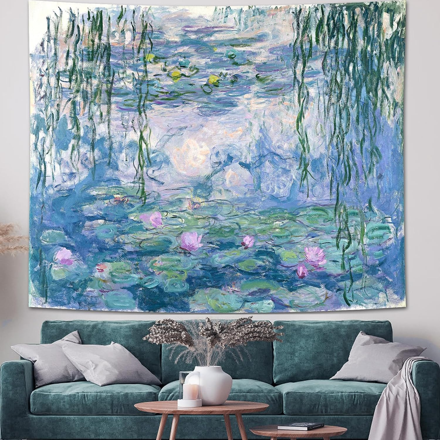 Water Lilies Tapestry Wall Hanging Monet Flowers Floral Wall Art with Hemmed Edges, Wall Blanket Home Decor for Bedroom College Dorm, Blue, 60X51 Inches(Water Lily)