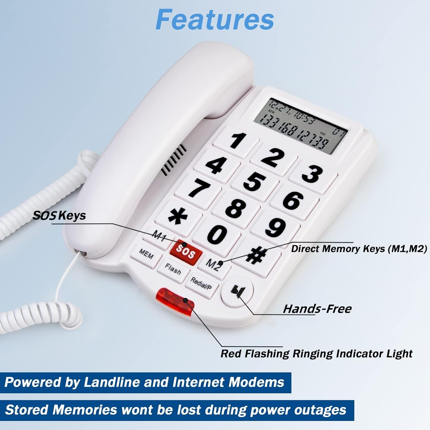 Big Button Landline Phone for Seniors, Elderly, Caller ID, Extra Loud Ringer, Indicator Light, SOS Emergency Corded Telephone for Hearing and Visually Impaired
