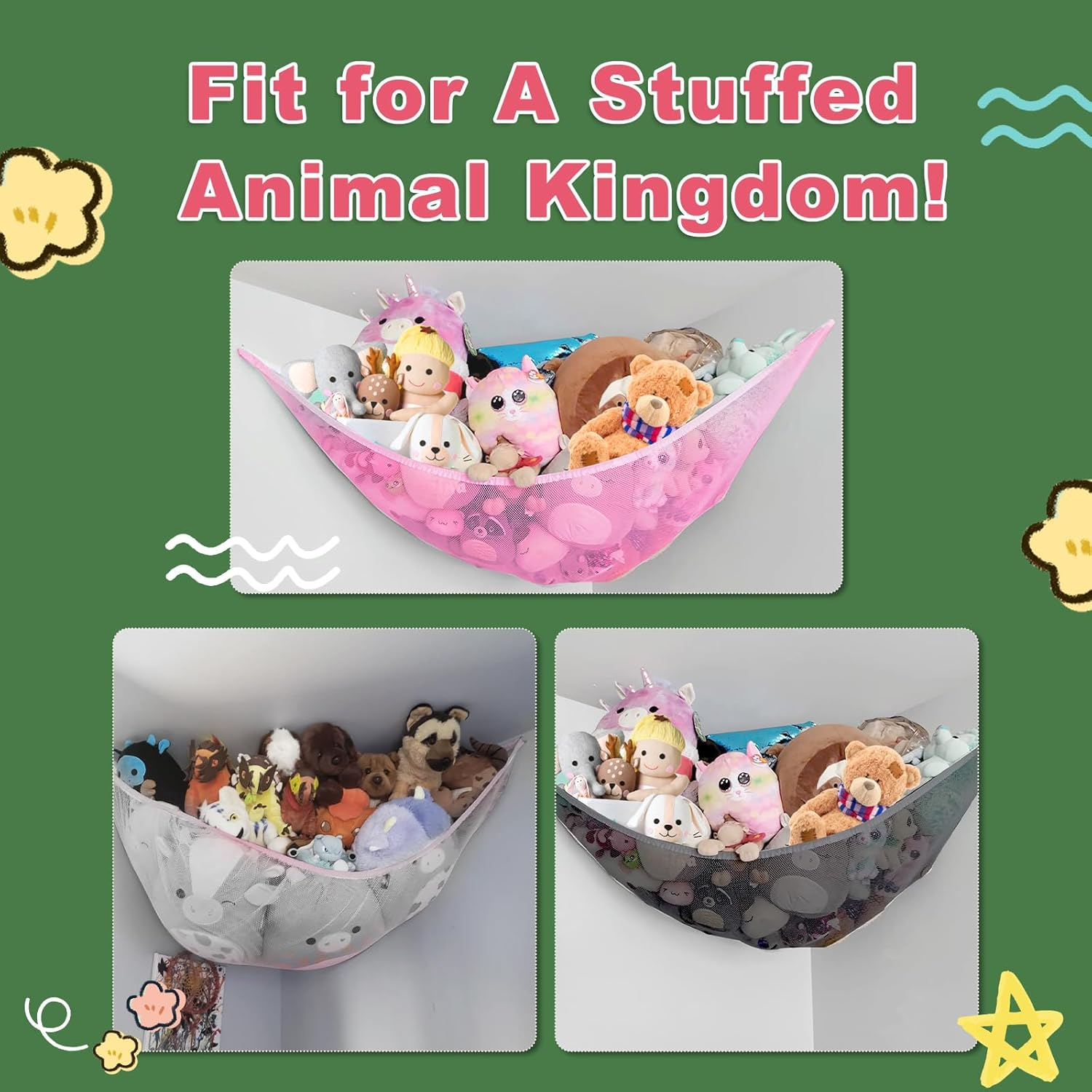 VERONLY 2 Pack Stuffed Animal Toy Storage Net Hammock Corner, Large Kids Toy Holder Hanging Organiser Net for Teddy Bear, Doll, Kids Bedroom, Playroom, Nursery Room (Grey) - Pink image number 4