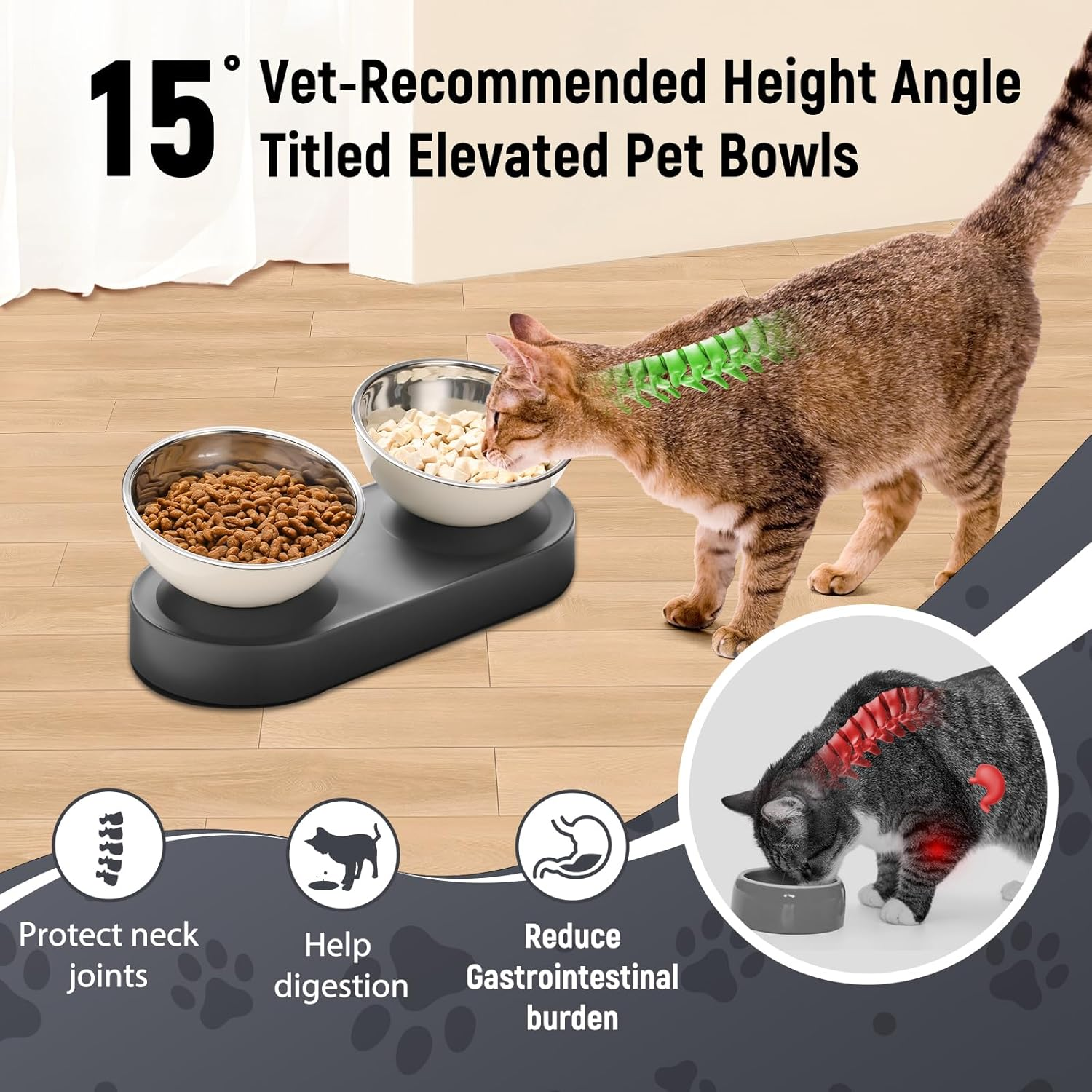 Marchul Stainless Steel Elevated Dog Food Bowls Set with Spill Proof Dish Mat, Raised Tilted Cat Bowl for Healthy Digestion, 1-Second Detachable & Dishwasher Safe