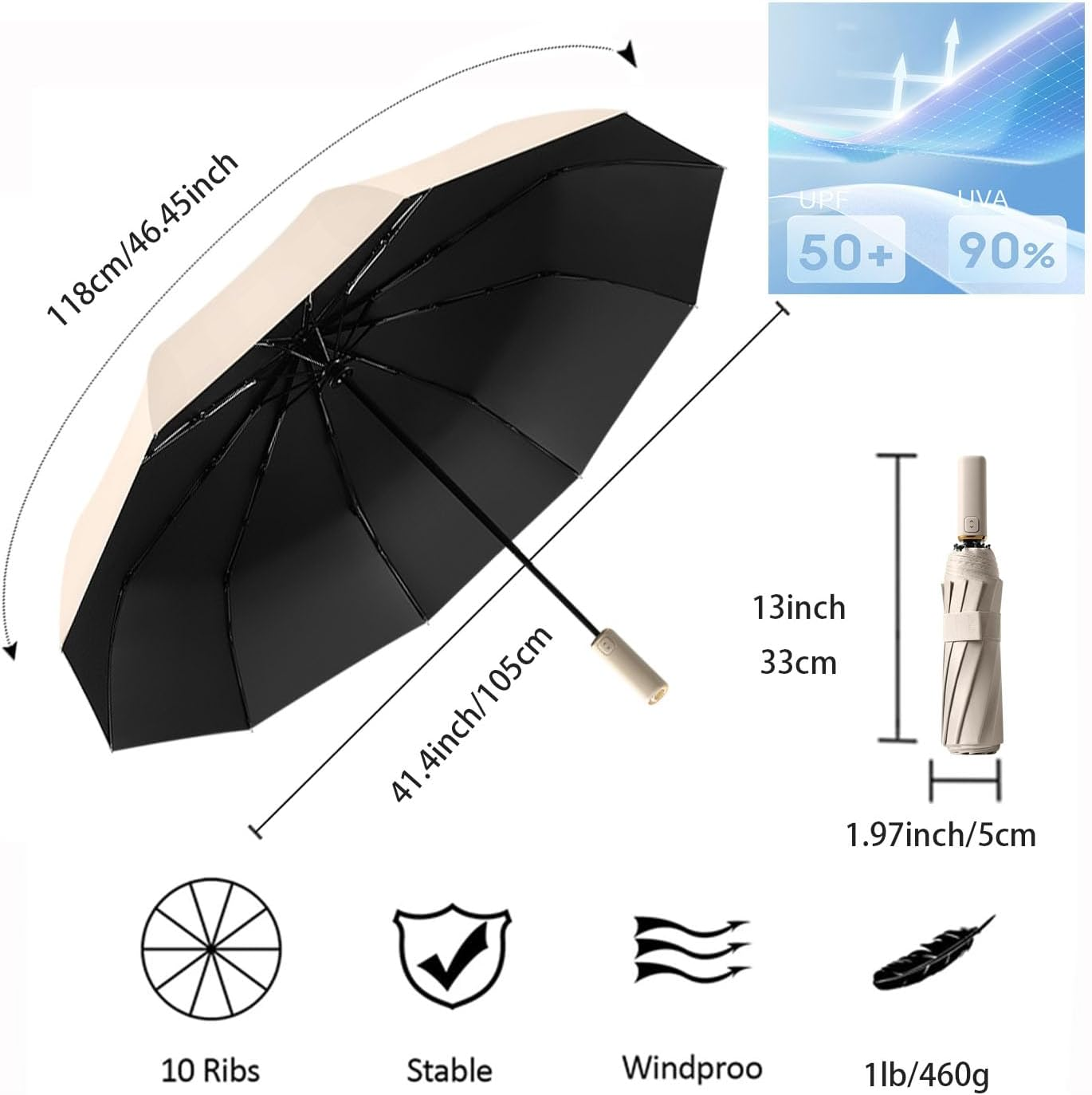 Automatic Windproof Travel Portable Compact Folding Umbrella Auto Open Close/10 Ribs/Portable Backpack/Uv Protection/Sun Rain/Upf 50/Women Men image number 5