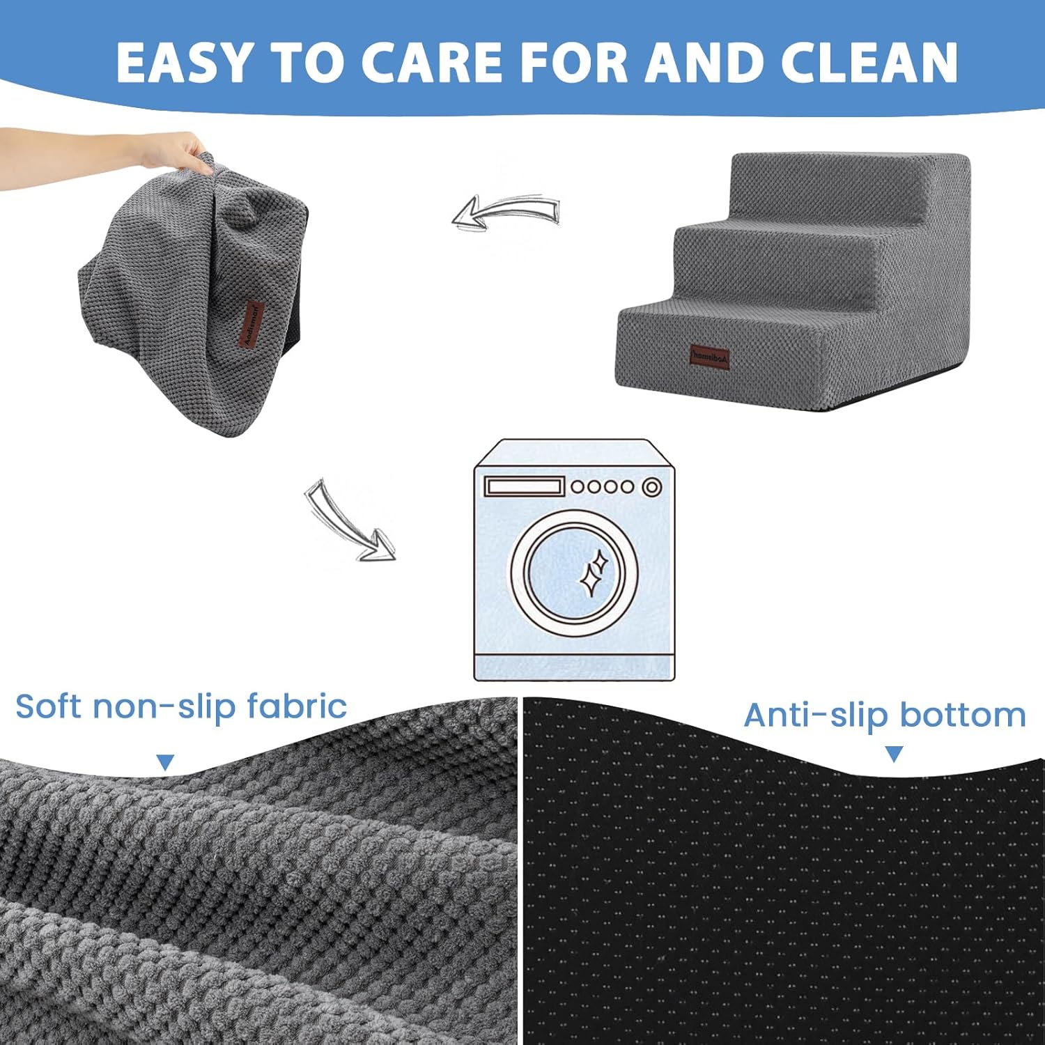 Dog Stairs for Small Dogs & Cats, 3-Step Non-Slip Pet Steps for Couch Sofa and Chair, Grey, 13.6" H image number 6