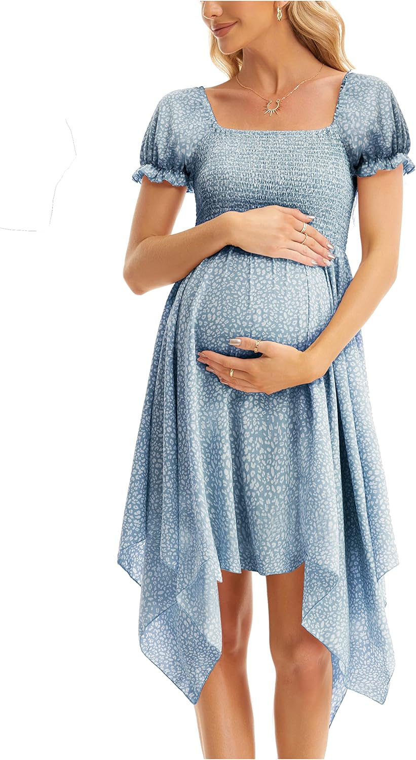 Maternity Summer Short Puff Sleeve Floral Maternity Dress, Square Neck Flowy Irregular Hem Baby Shower Dress image number 2