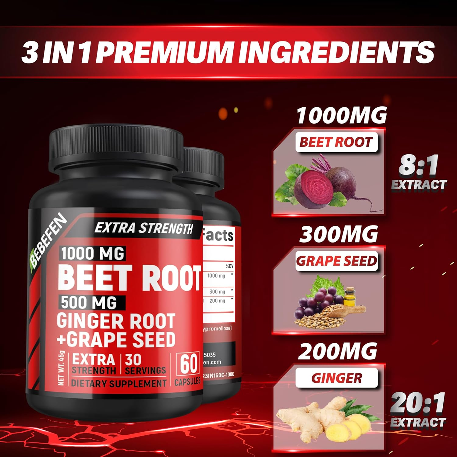 Beet Root Supplement, 1,500Mg per Serving | with Ginger & Grape Seed - 20:1 Extract, Supports Nitric Oxide Production, Beets Supplements with Non-Gmo Beetroot Powder 60 Capsules image number 4