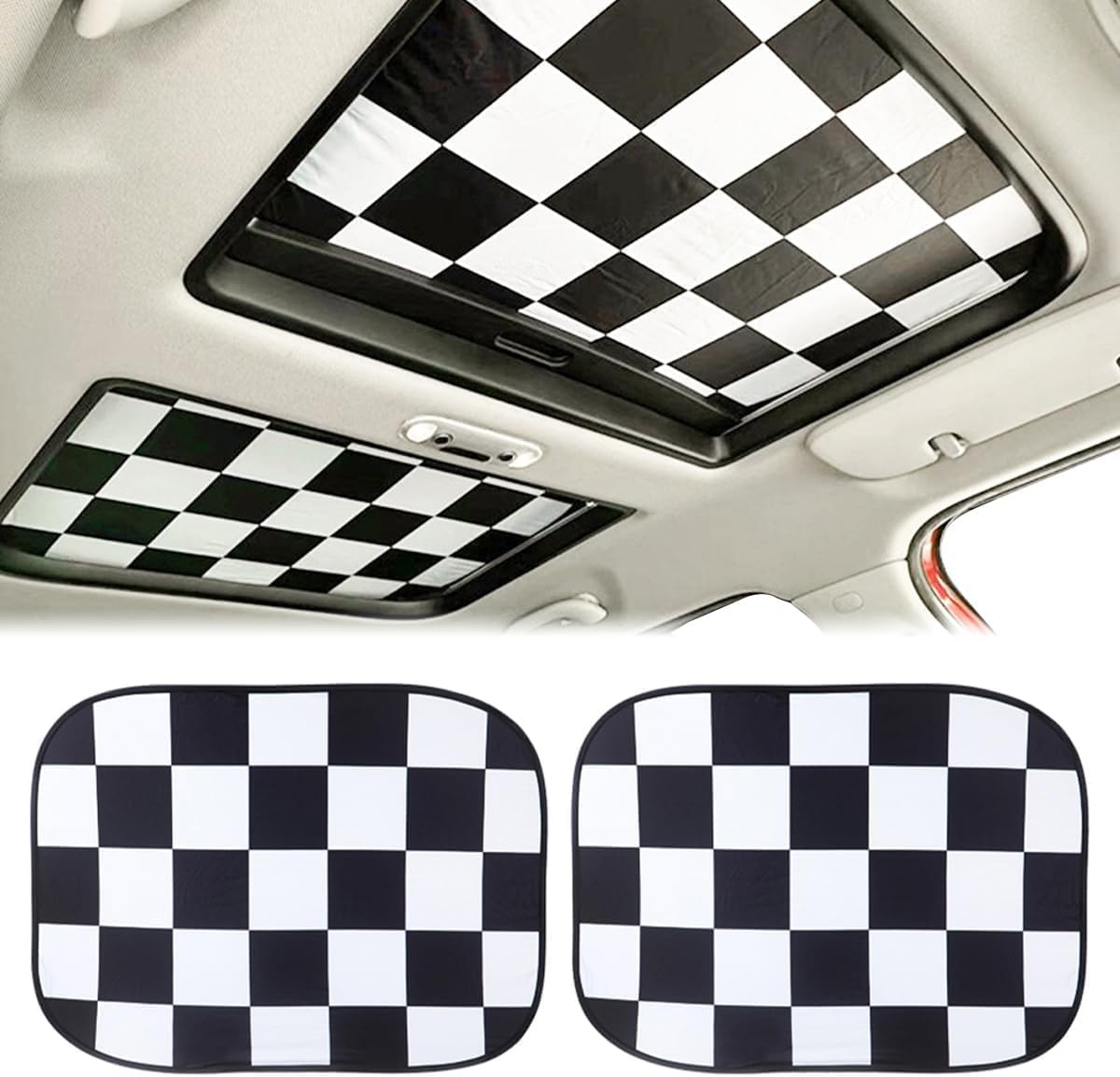 2Pcs Foldable Sunroof Shade Sunshade Heat Isolate Fit for Mini Cooper, Clubman & Countryman R56 All Years Black and White Checker