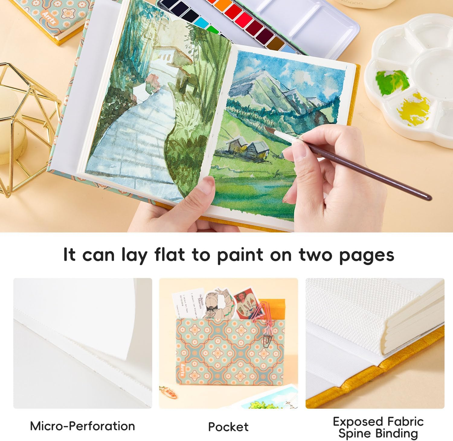 Arrtx Watercolor Sketchbook,100% Cotton Acid-Free 140Lb/300Gsm Hot Press Hardcover Watercolor Journal Notebook,20 Sheets 5.35 X 3.86 Inches image number 3