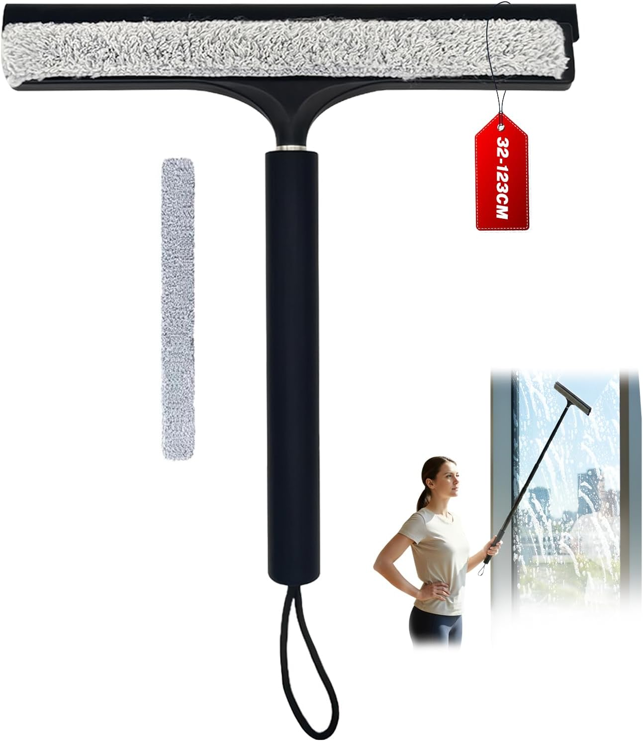 Mannicix Shower Squeegee Long Handle, Squeegee Shower Black, Squeegee Base with Holder, Extendable Shower Squeegee Long Handle 33-123 Cm for Shower, Bathroom, Mirror, Glass Cleaning image number 6
