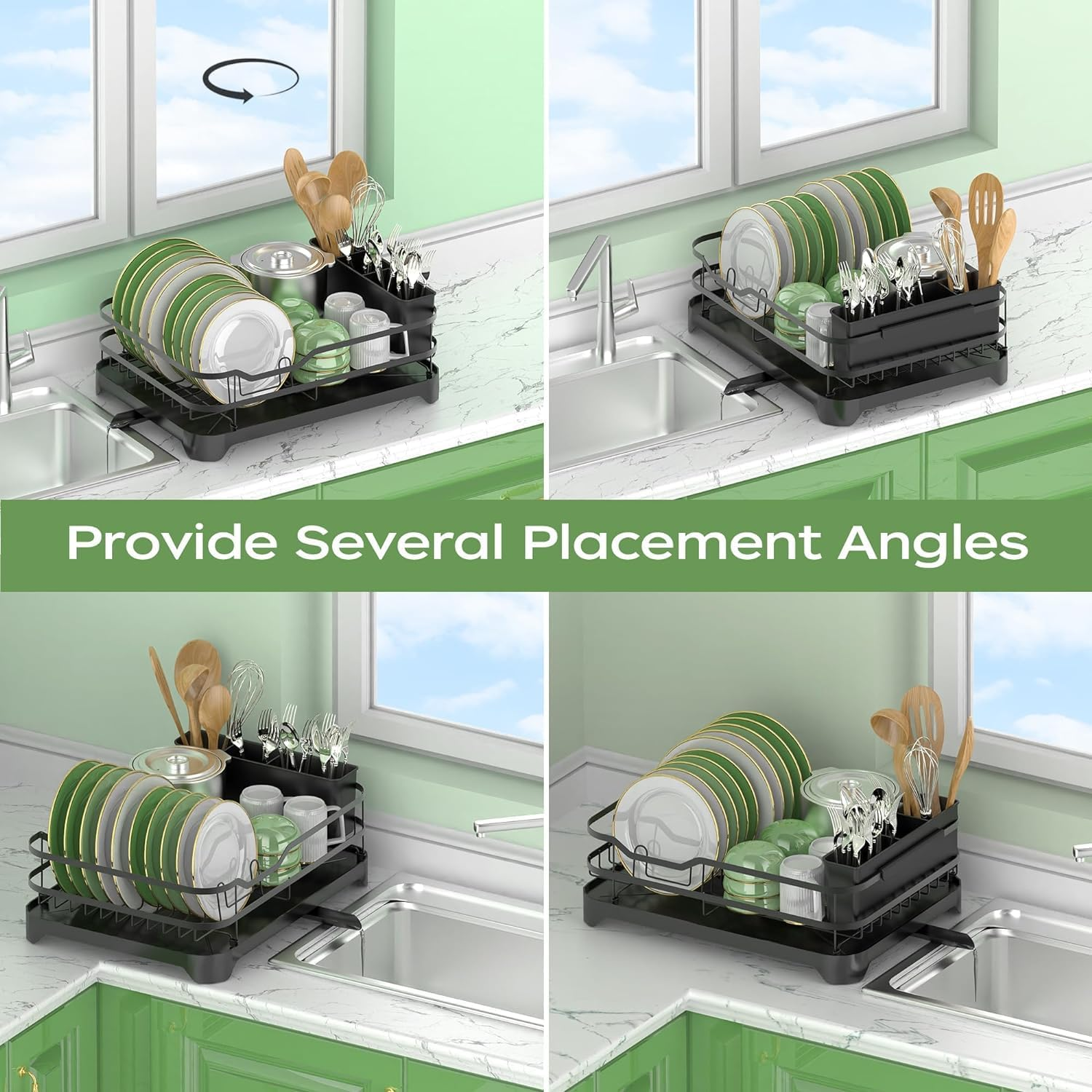 Dish Drying Rack, Stainless Steel Rustproof Dish Rack for Kitchen Counter, Sturdy Dish Drainer with Drainboard, Drainage, Utensil Holder for Various Kitchenware, 16.9"(L) X 12.2"(W), Black image number 2