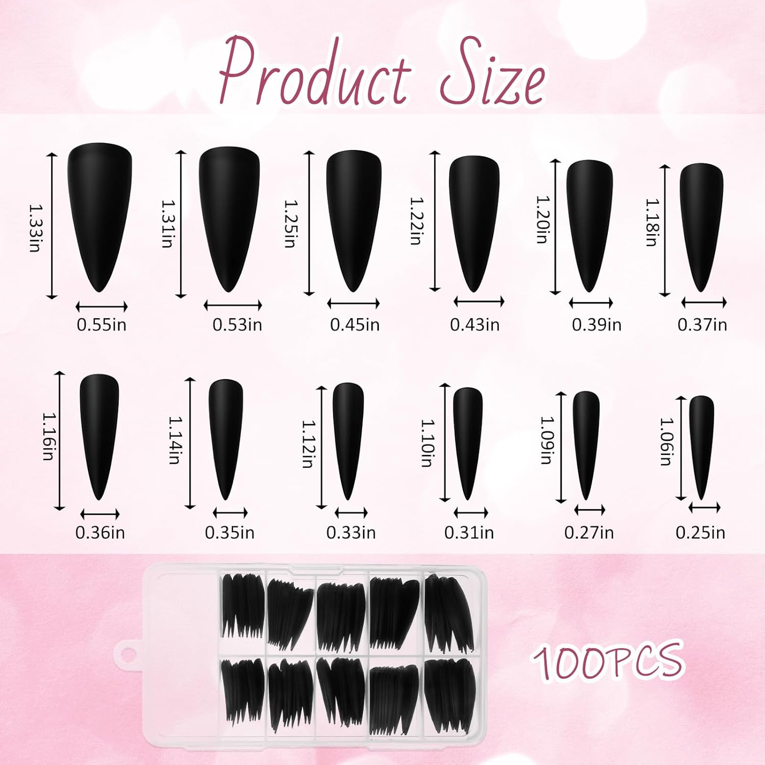 Pack of 100 Press on Nails Black, Almond Shaped False Nails, Medium Length Artificial Nail Tips, Glue on Nails for Women, Stiletto Press Ons image number 4