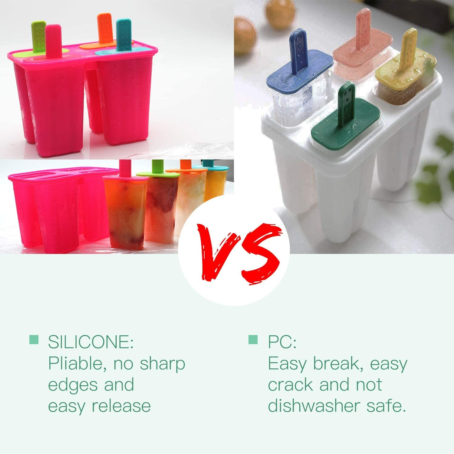 Ice Cream Mould, Silicone Popsicle Molds ICY Pop Molds BPA Free - Set of 8 - Food Grade Ice Cream Moulds Ice Pops Shapes for Homemade Popsicle, Dishwasher Safe (Pink + Green, 2 Pack) image number 6