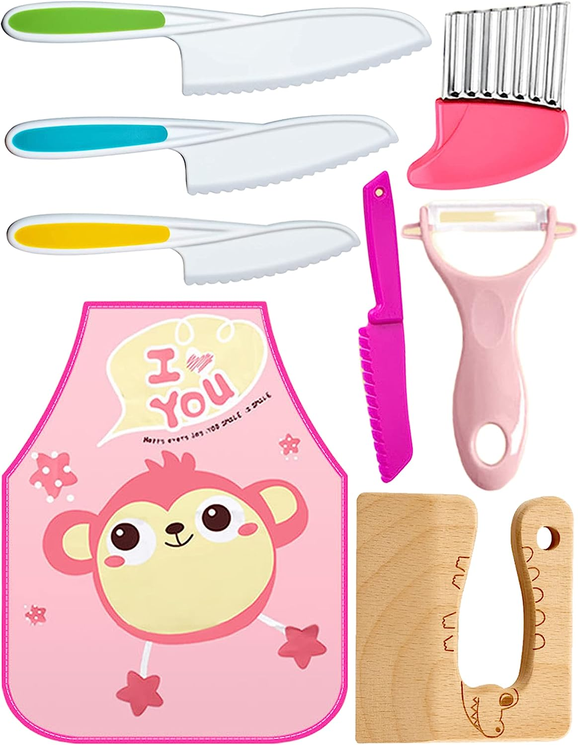8PCS Kids Knife Set, Plastic Kids Knife Safe for Cutting Veggies Fruits,Kids Kitchen Knives Set Include 4 Plastic Toddler Safe Knives/Crinkle Cutter/Kids Cutting Wooden Board/Y-Peeler/Apron (PK)