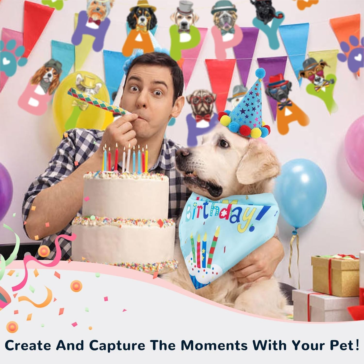 Dog Birthday Hat Bandana Party Decorations, Reusable Dog First Birthday Supplies with Banner Bowtie Numbers Crown, Cute 1St Large Puppy Girl Happy Birthday Outfit Shirt, One Size for Dogs Pet (Blue) image number 6