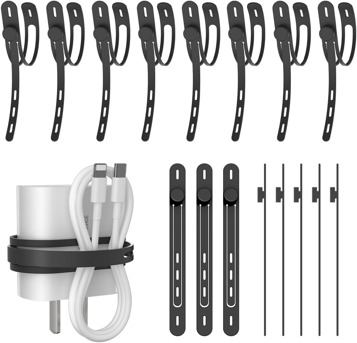 Baskiss 16 Pack Silicone Cable Ties Organiser Strap, Reusable and Elastic Wire Wrap Management Organizer for Earphone, Phone Charger, Mouse, Audio, Computer in Home, Office, Kitchen, School (Black) image number 6