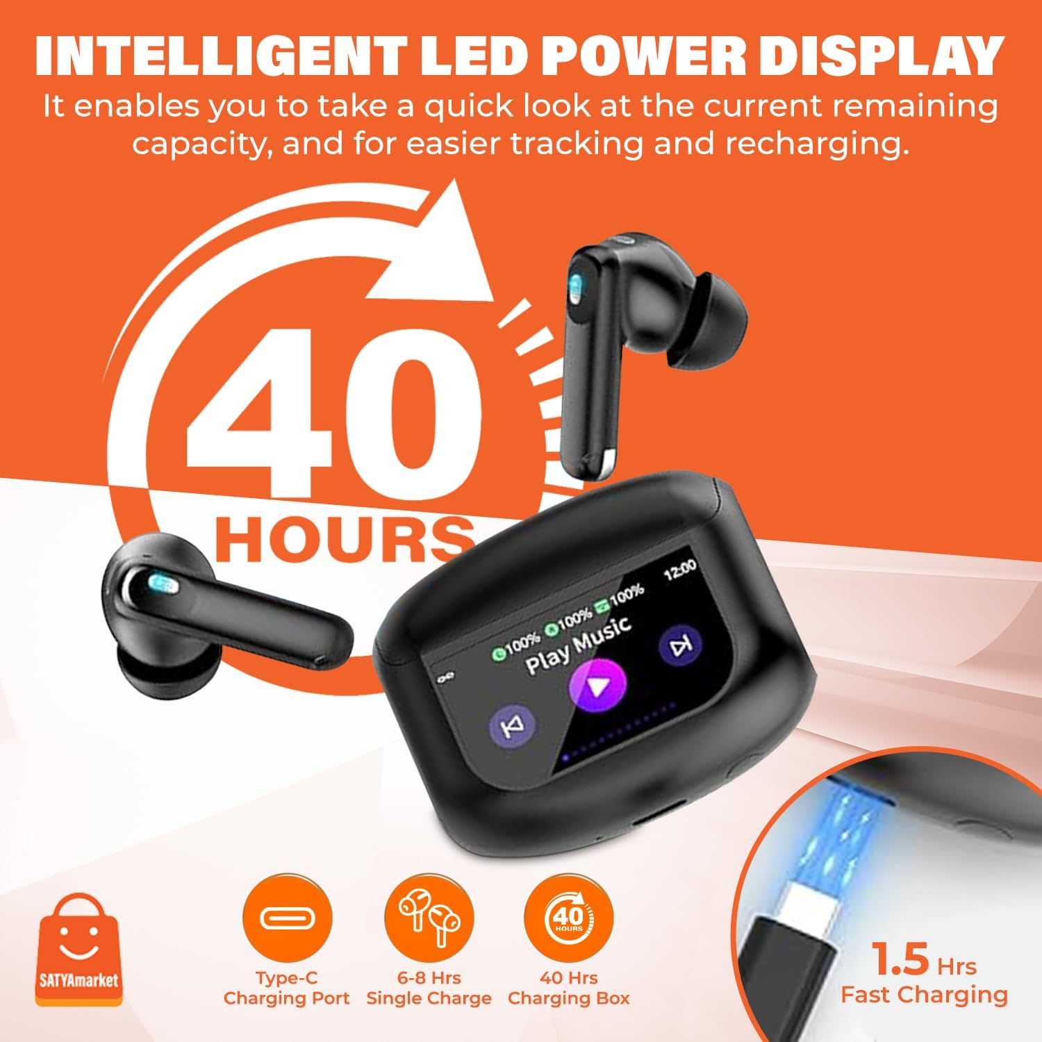 Satyamarket Wireless Earbuds Bluetooth 5.4 with Touchscreen Display &ndash; TWS Headphones with 4-Mic Noise Cancelling, Bass Boost, Hi-Fi Stereo Sound image number 3