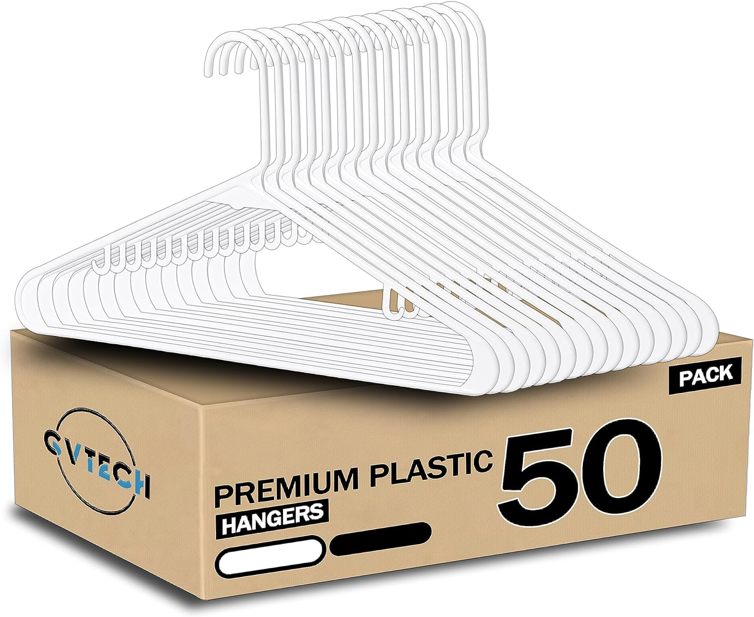 GVTECH Plastic Clothes Hangers - [50 Pack] Heavy Duty Durable Coat and Clothes Hangers with Hooks - Durable Lightweight Space Saving Laundry Hangers for Coats, Skirts, Pants, Dress (50 Pack, White)