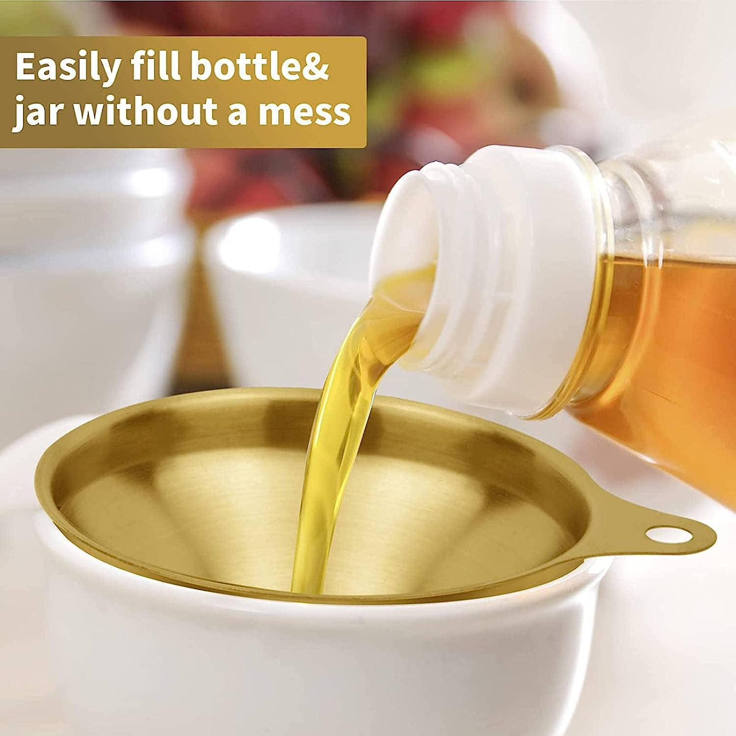 Stainless Steel Funnels, 3 Pack Gold Metal Kitchen Funnel Set, Food Grade Kitchen Gadgets Accessories, Mini Funnels for Filling Bottles, Liquid Transfer, Cooking, Car Oil, Lab Use image number 4