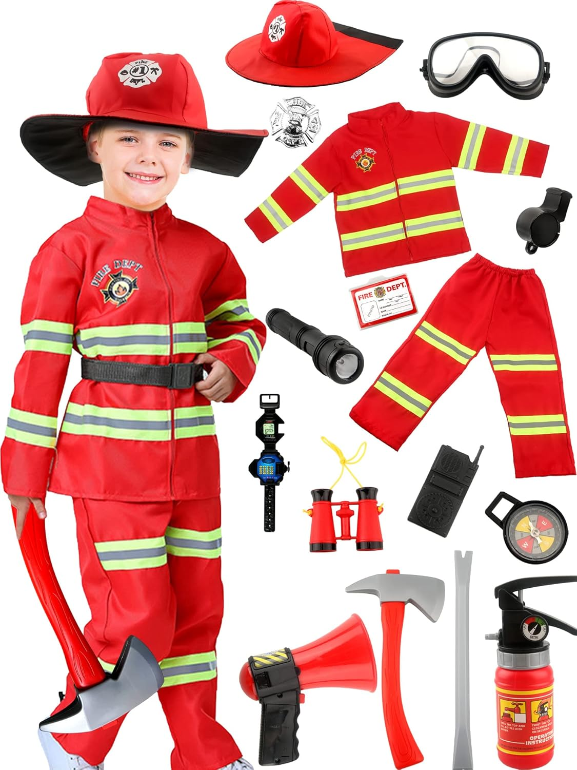 17 Pcs Kids Fireman Costume Set Fire Chief Firefighter Dress up Outfits for Halloween Firefighter Pretend Role Play Toys image number 3