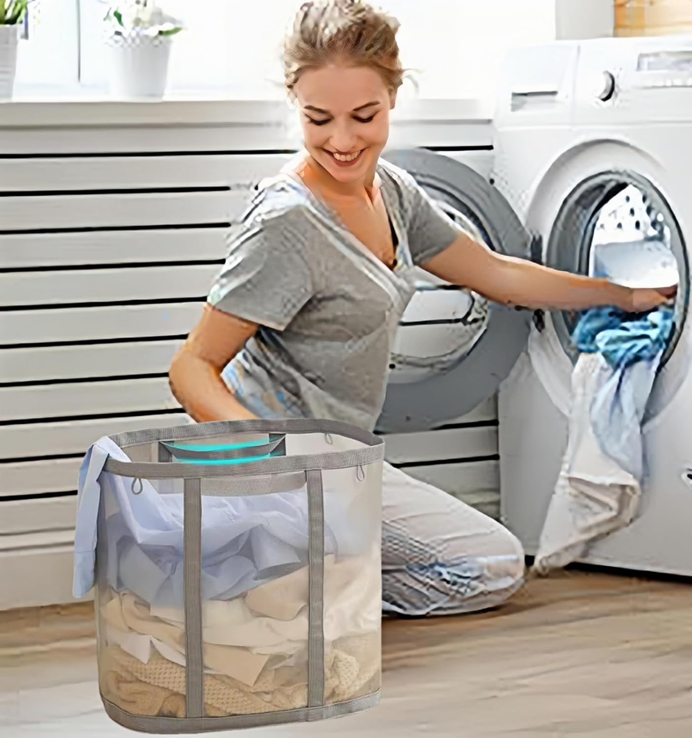 Foldable Mesh Laundry Hamper Bag with Handles - Breathable Collapsible Clothes & Toy Storage Basket for Bathroom, Bedroom, Beach, Travel (Grey) image number 3