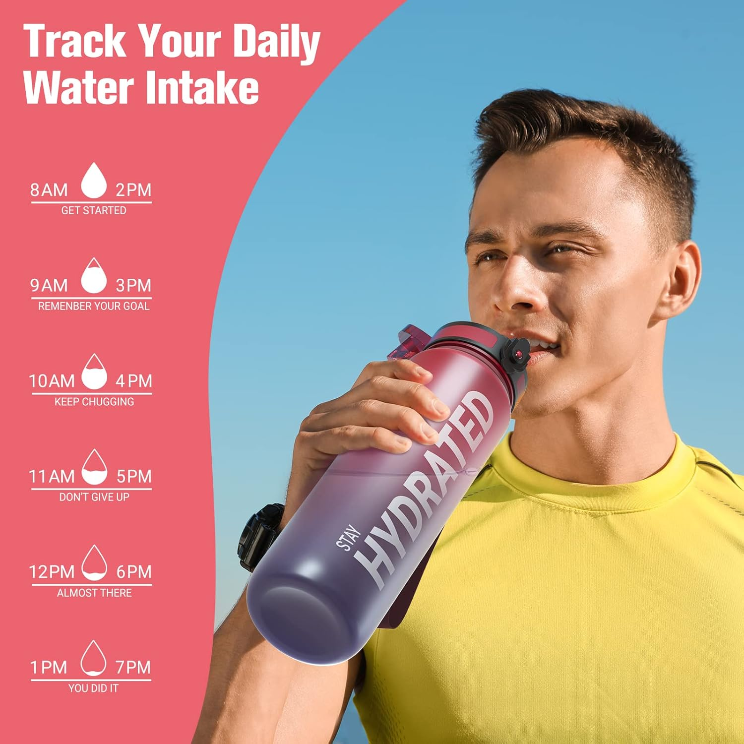 Sahara Sailor Water Bottles, 32Oz Motivational Sports Water Bottle with Time Marker - Times to Drink - Tritan, BPA Free, Wide Mouth Leakproof, Fast Flow Technology with Clean Brush (1 Pack) - A-Bubble Gum image number 6
