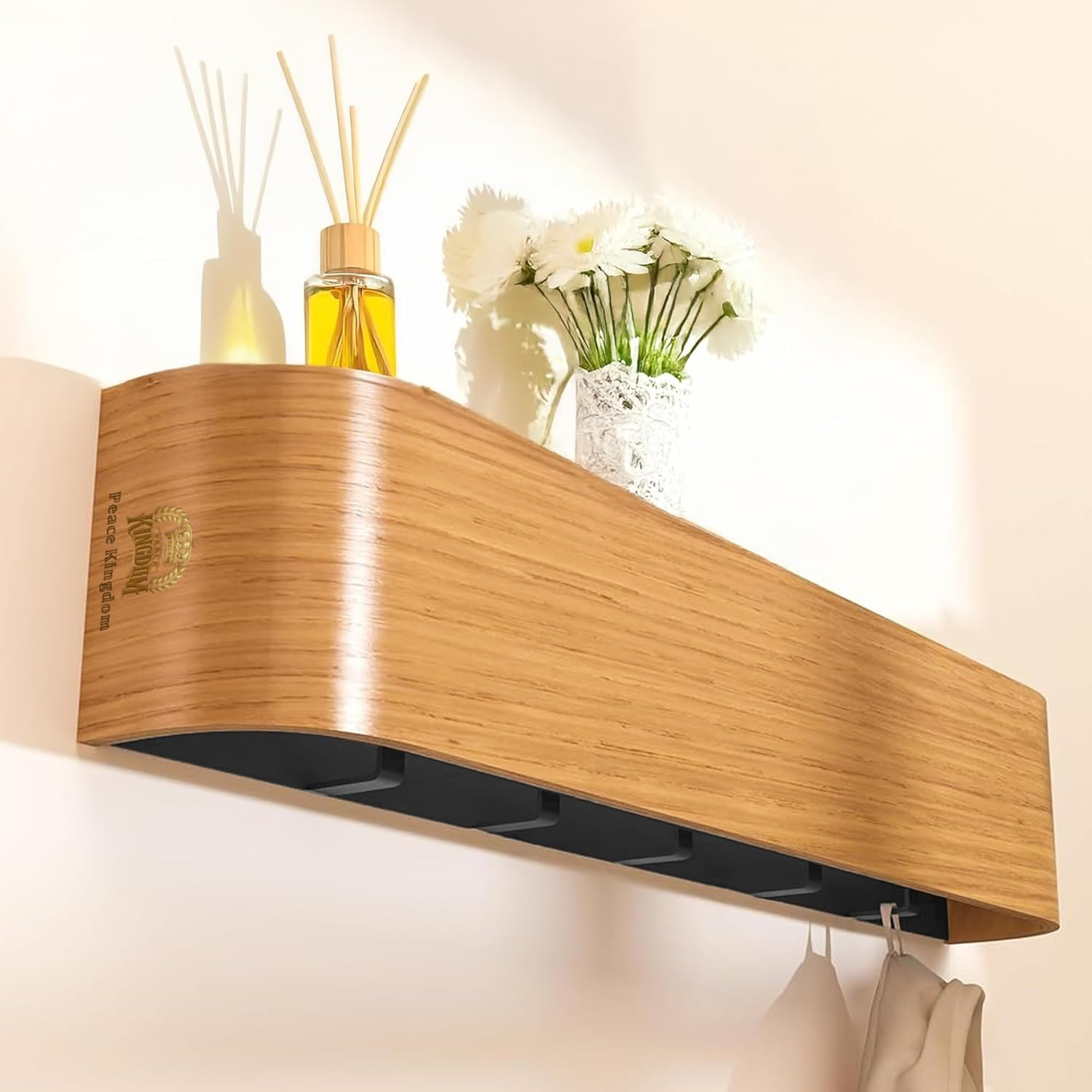 PEACE KINGDOM Wall-Mounted Wooden Coat Rack with Shelf, 50 Cm Modern Design Entryway Hat Towel Robes Coat Hanger with Hidden Metal Wall Hooks for Office, Bathroom, Living Room and Bedroom (Oak)