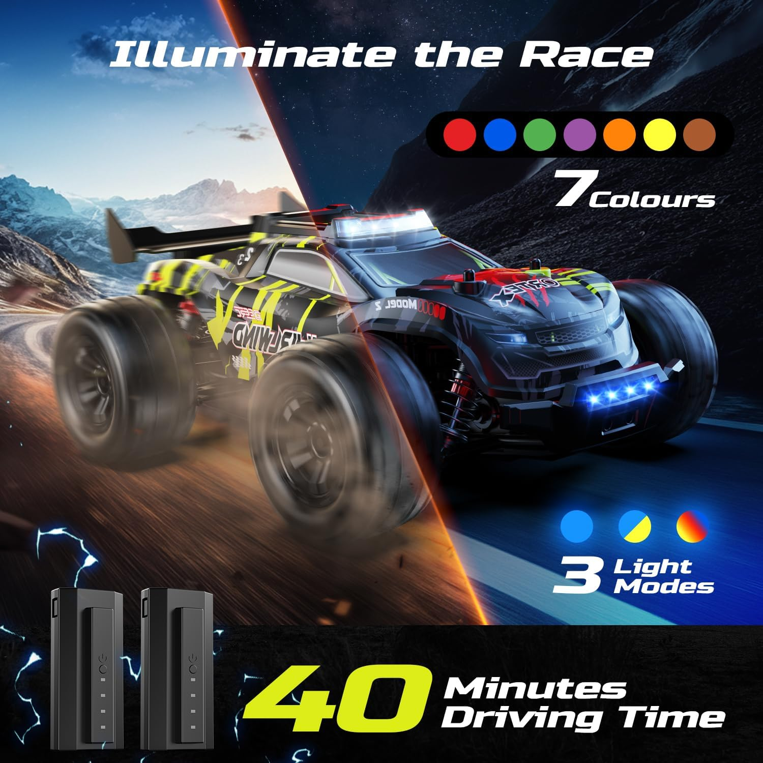 DEERC 1:14 Brushless RC Car for Adults, 43MPH 4WD Off-Road RC Truck with 7-Color LED Lights, Metal Oil Shocks, 2&times;7.4V High-Capacity Batteries, All-Metal Drivetrain, 3 Light Modes, 3S Lipo Compatible image number 1