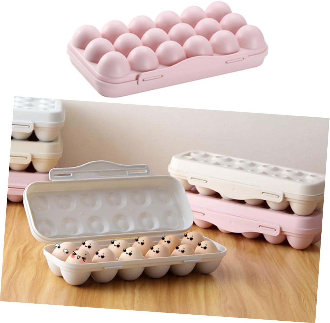 MAGICLULU Egg Storage Container 18 Grids Plastic Refrigerator Egg Holder Portable Anti-Collision 2Pcs Pink Stackable Box for Home - Grey image number 4