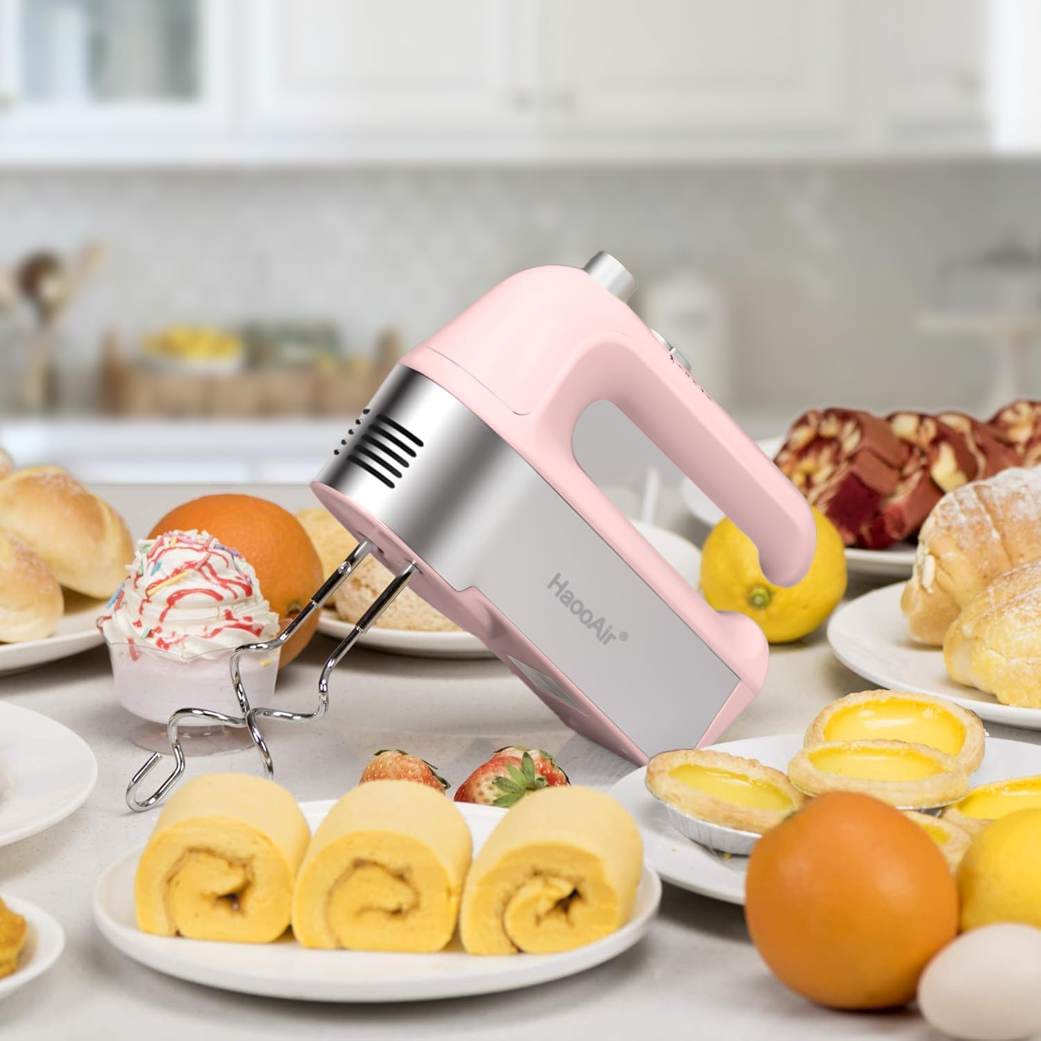 Haooair 450W Electric Hand Blender, 5-Speed Hand Mixer with Measuring Cup Storage Box, 5 Stainless Steel Attachments, Turbo Function, Eject Button