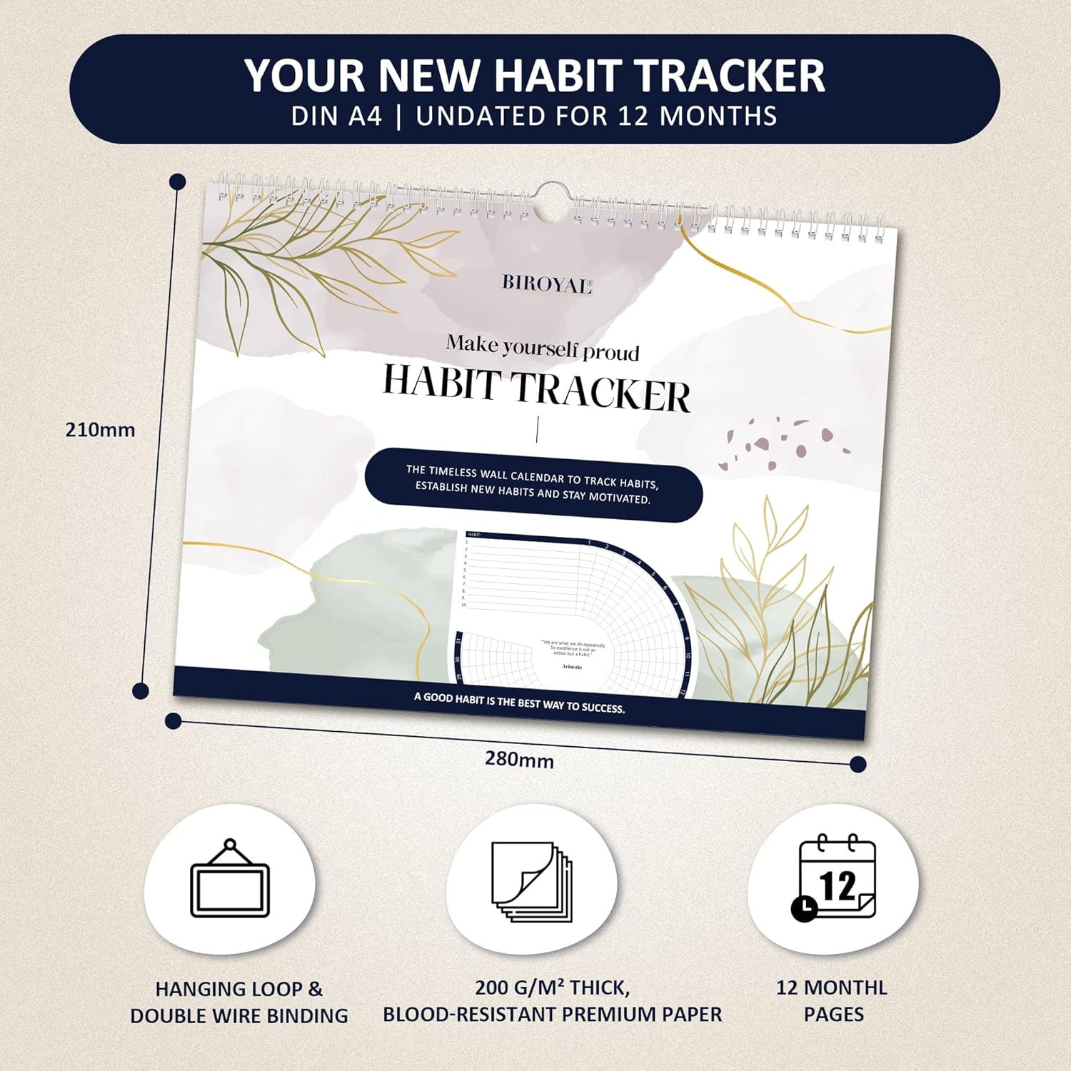 BIROYAL Habit Tracker Calendar (Undated 12 Month), Daily Weekly and Monthly Habit Tracker Journal, Spiral Binding with Writable Goals Habits Track, Productivity Tool and Workout Calendar