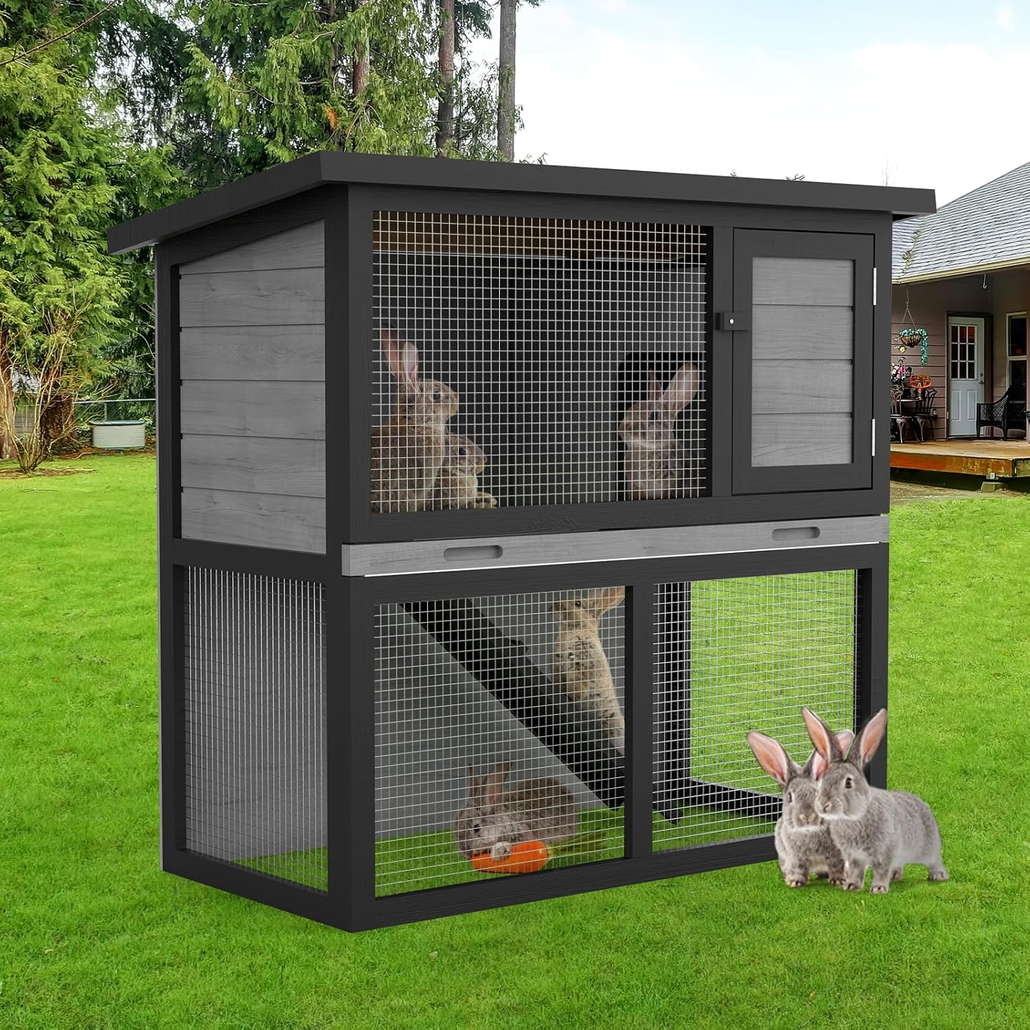 Oppsbuy Rabbit Hutch Bunny Cage for Small Animals Guinea Pig Chicken Coop Rabbit Cage Pet House Run Cage Rabbit Cage Wooden 89.5X45X79.5Cm Slide Out Tray image number 6